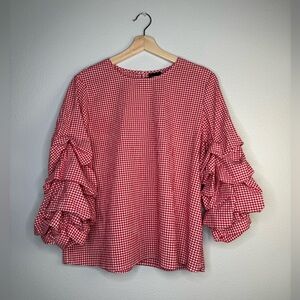 Who What Wear gingham ruffle-sleeve top in red/white
